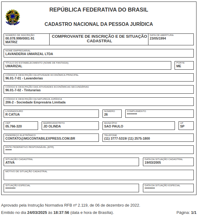 Clique para ver o cartão CNPJ completo Cartão CNPJ Lavanderia Umarizal