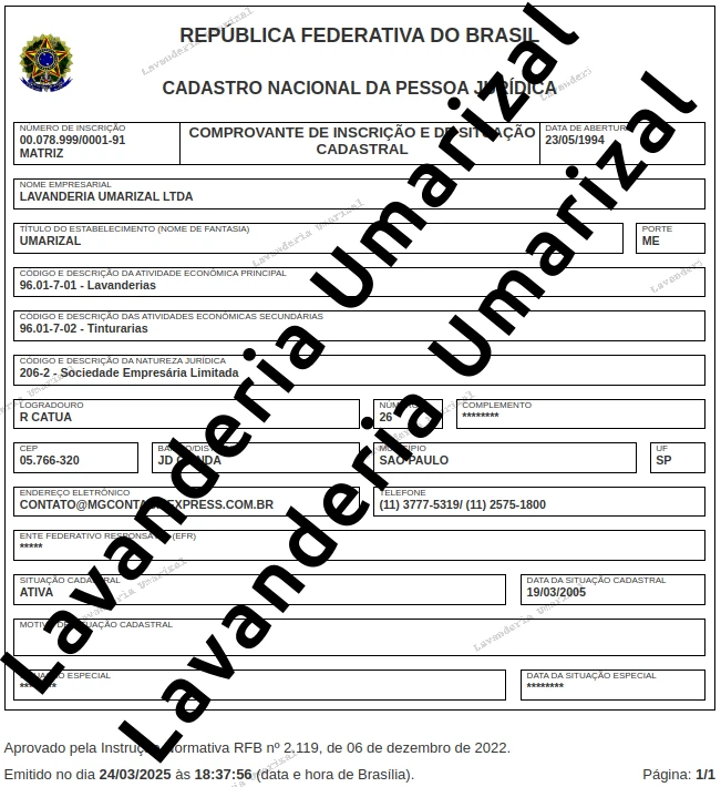 Clique para ver o cartão CNPJ completo Cartão CNPJ Lavanderia Umarizal